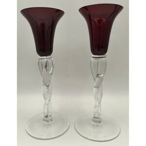 Vintage Handblown Glass Candle Holders With Ruby Red Fluted Tops & Clear Twisted